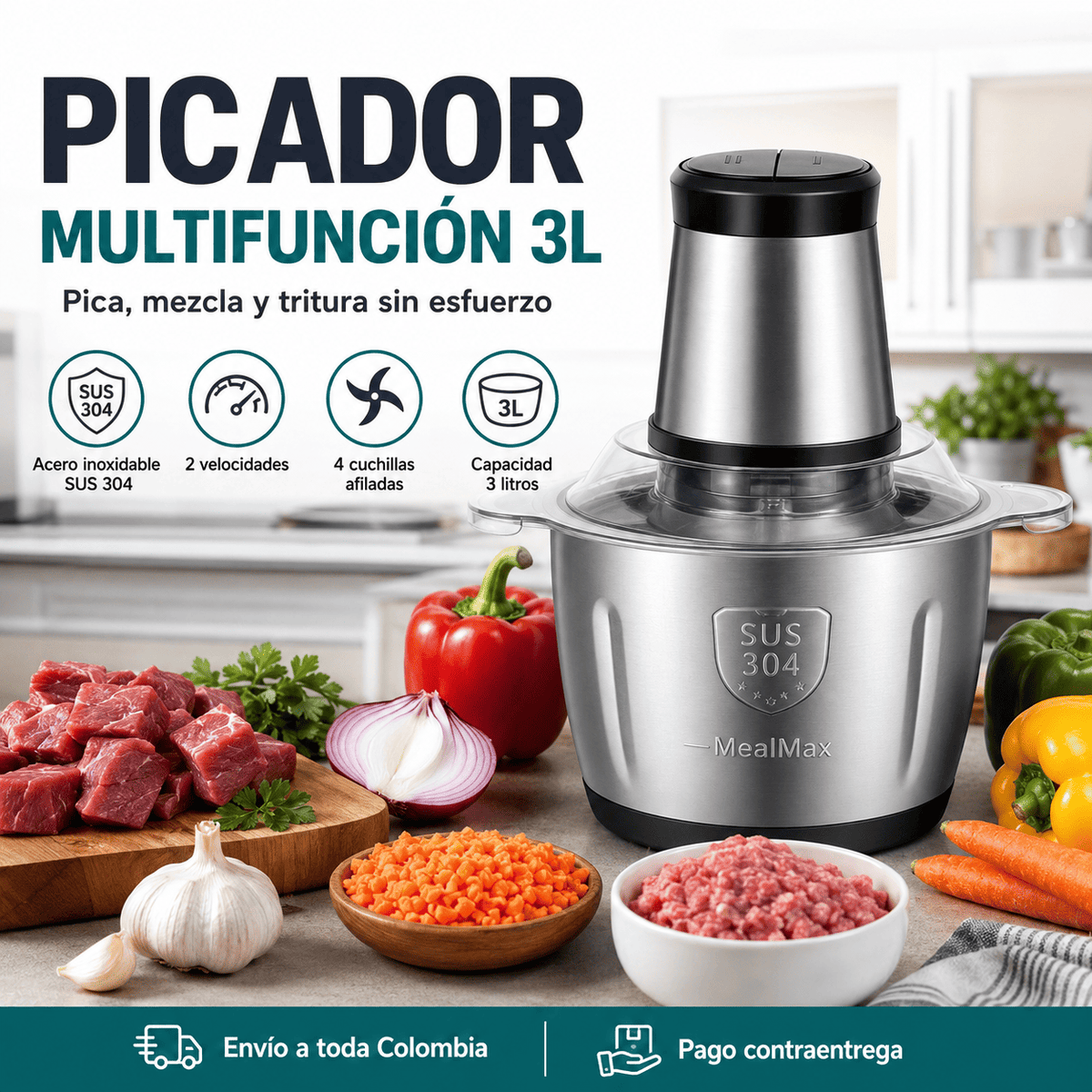 MealMax 3L — Pica Carne, Verduras y Condimentos en Segundos