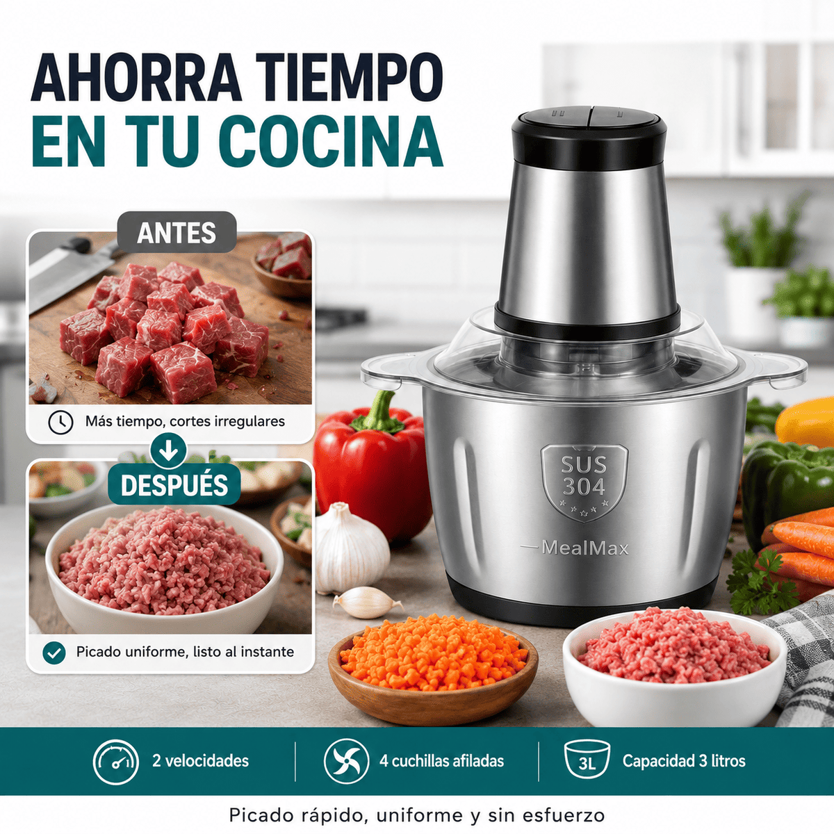 MealMax 3L — Pica Carne, Verduras y Condimentos en Segundos