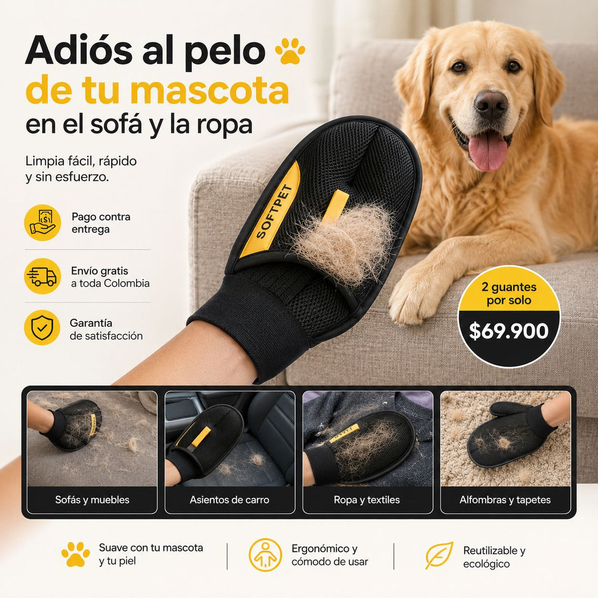 Guantes quitapelos SOFTPET para Mascotas